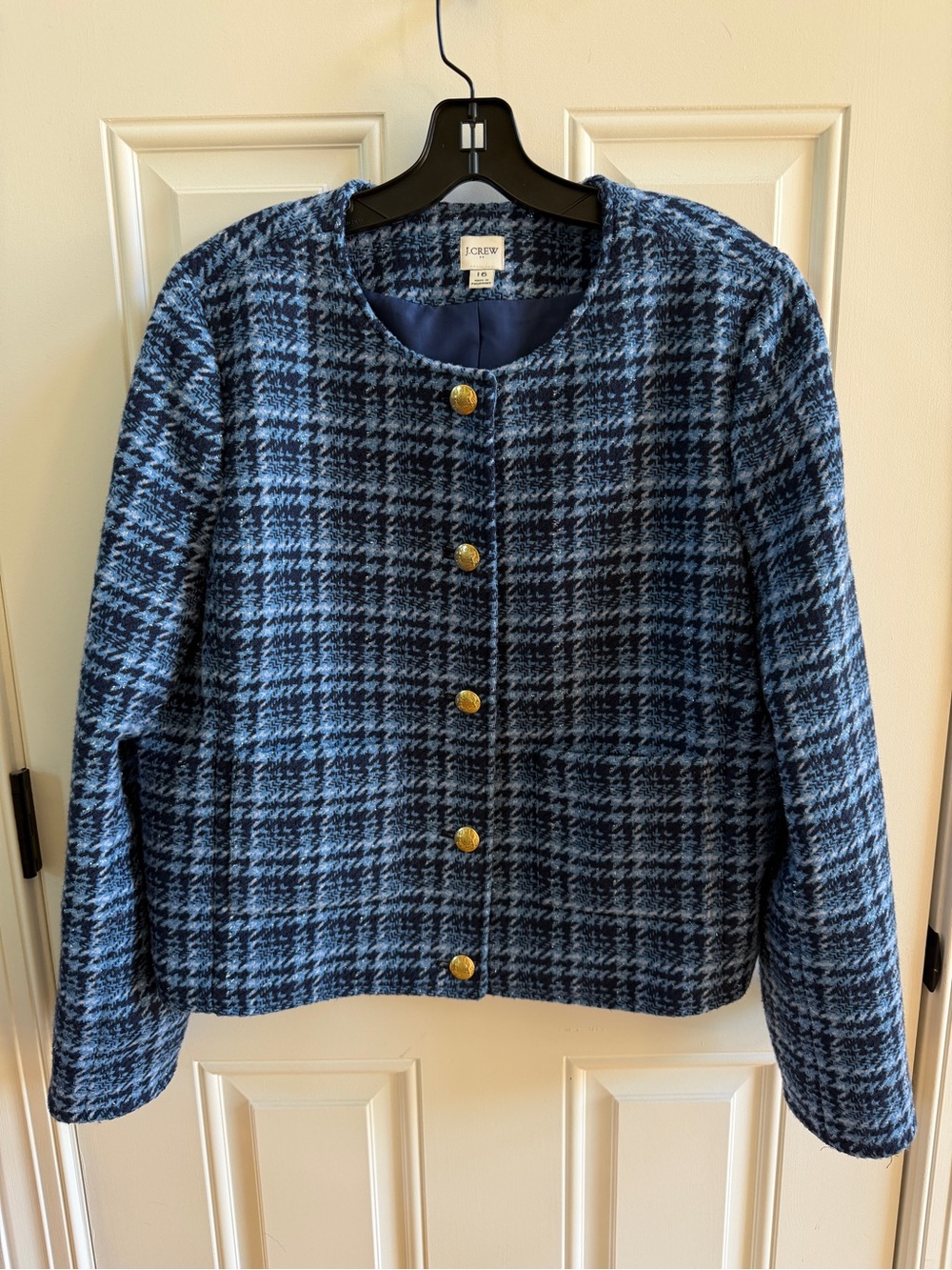 J. Crew Blue and Black Houndstooth Wool Blend Collarless Jacket